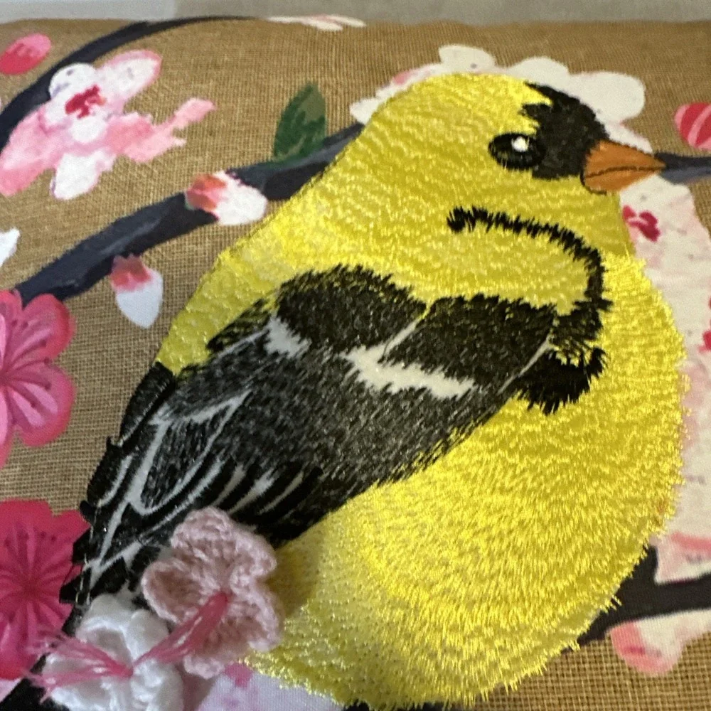 Yellow‎ Finch Embroidered  Indoor Outdoor Pillow Crochet Flowers 17 x 17